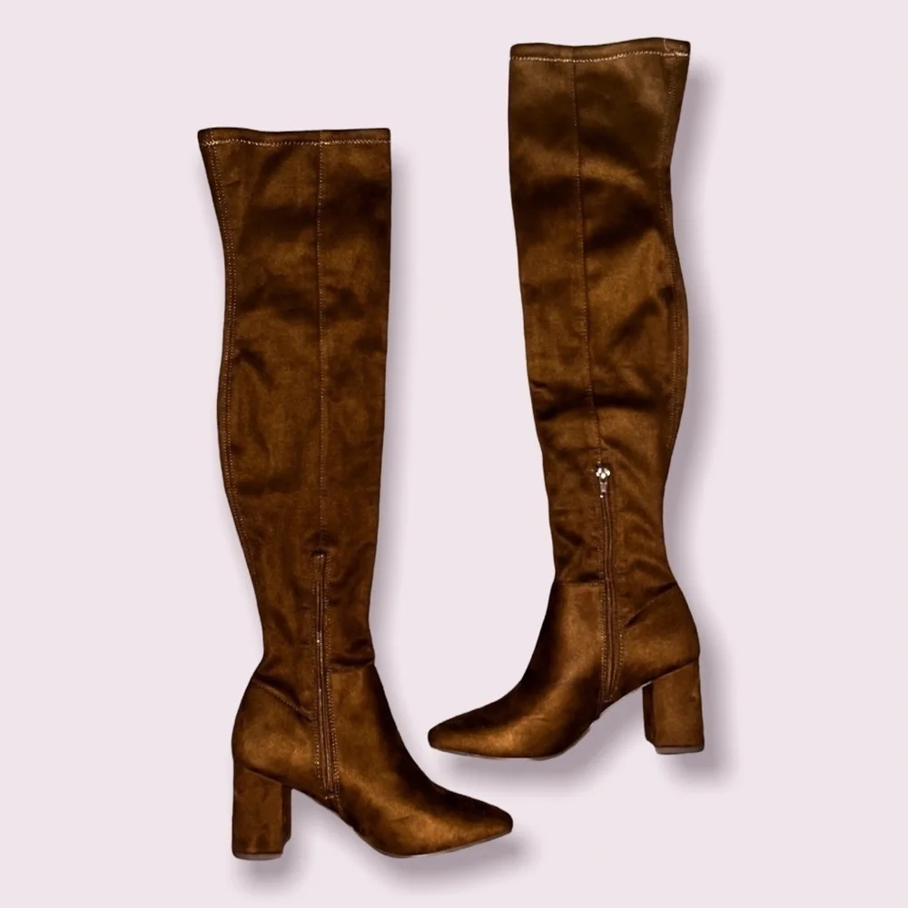 Steve Madden Shaya Boots Cognac Brown Over The Knee Suede Leather Heels Size 6.5